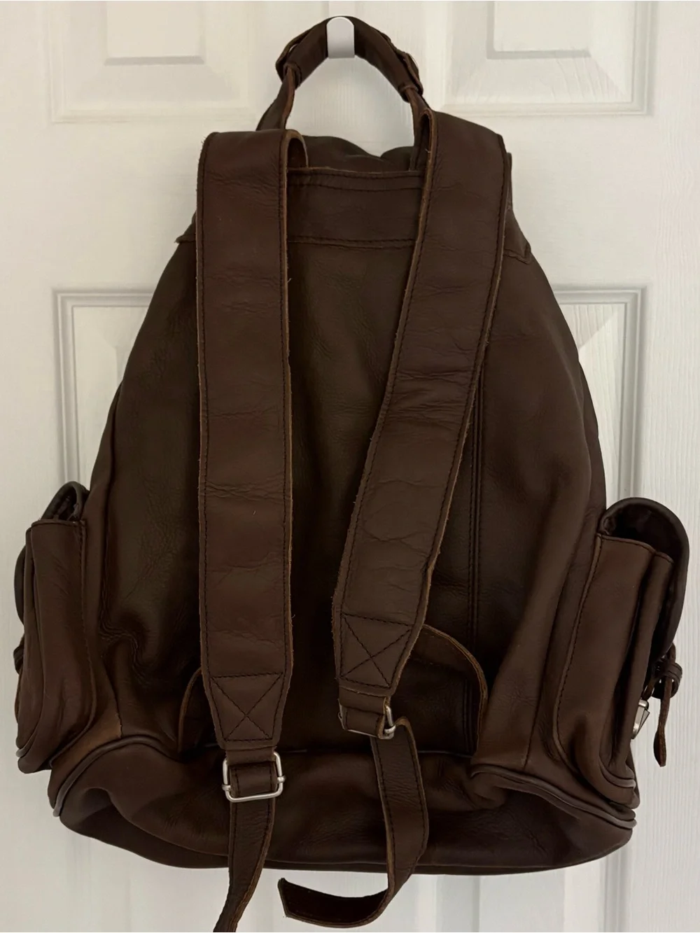 Unisex Dark Brown Leather Backpack with Front and Side Buckle Pocket